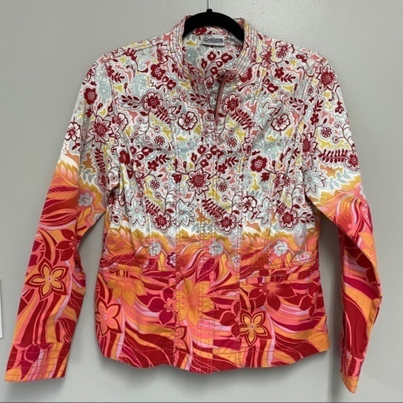 Chico’s Floral Cotton Jacket Size 1 - Picture 1 of 5